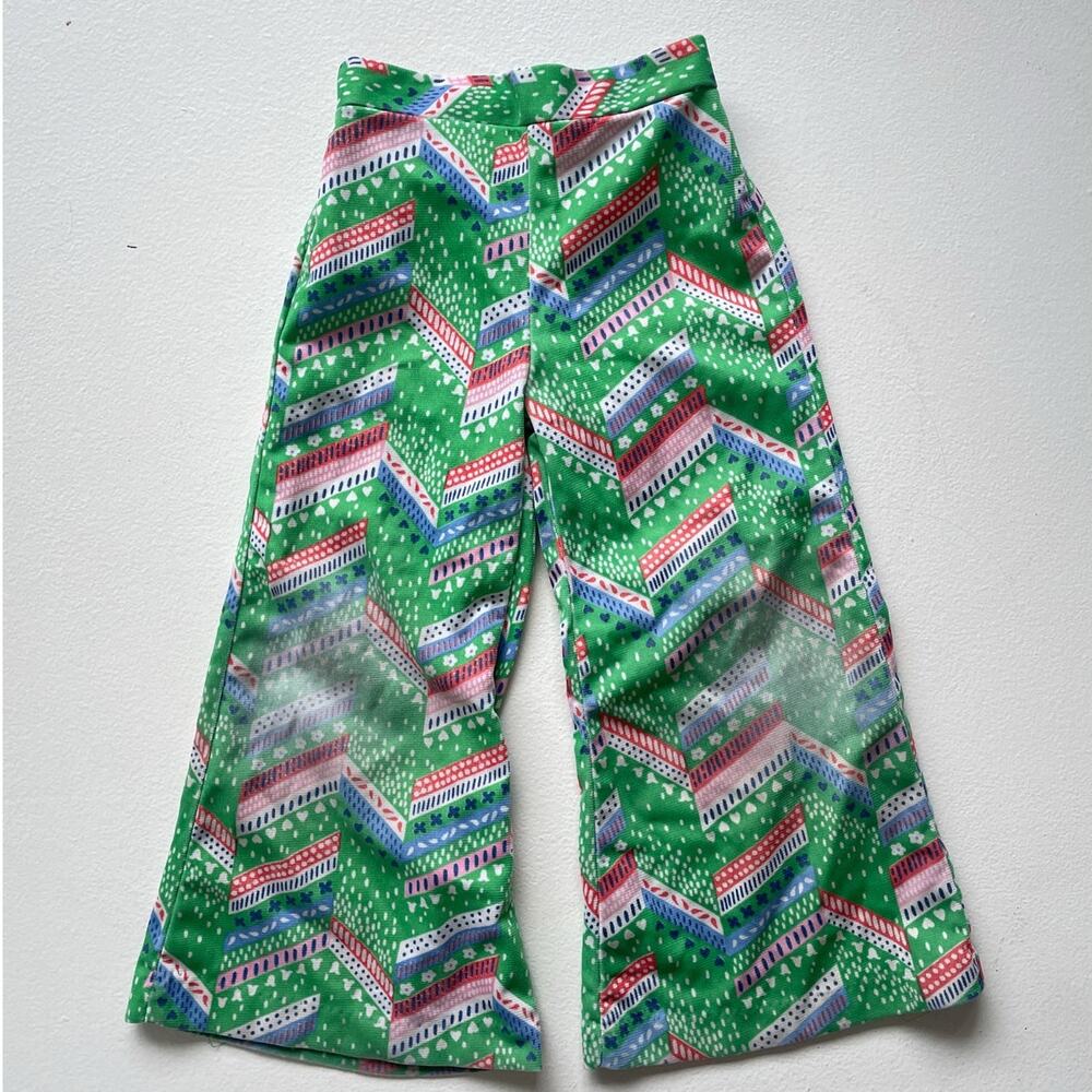 Vtg 70s KIDS Green Patterned Bellbottom Pants 18" w / Distressed Retro